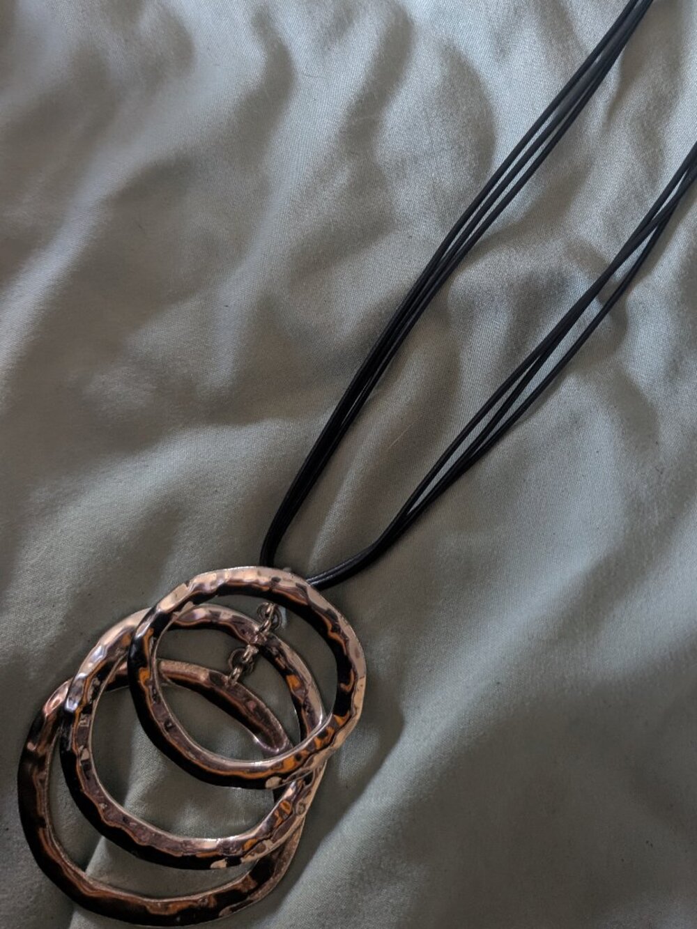 Hammered Silver Tone Hoop Pendant Necklace Black Cord